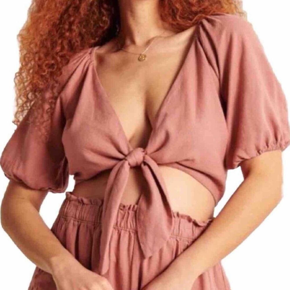 Abercrombie & Fitch Pink Linen Blend Crop Top Tie Front Short  Sz Medium